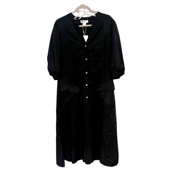 Refinity Black Puff Sleeve Midi Shirt Dress XS Button Front Pockets NWT - Picture 1 of 4